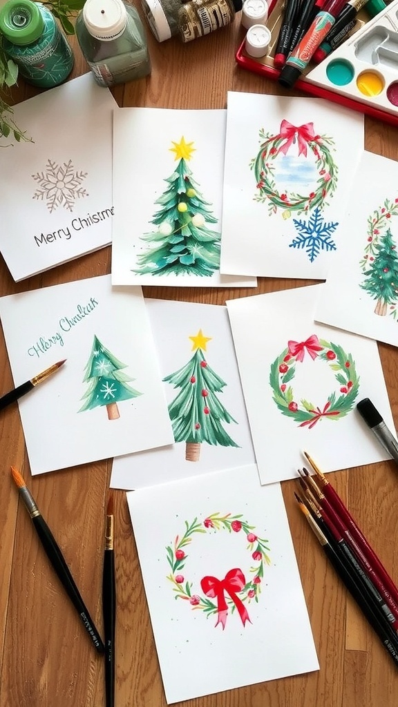 A variety of watercolor Christmas cards with festive designs on a wooden table.